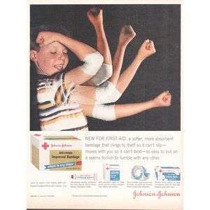 1960 Johnson and Johnson Bandage Vintage Print Ad Little Boy Skinned Elbow Art